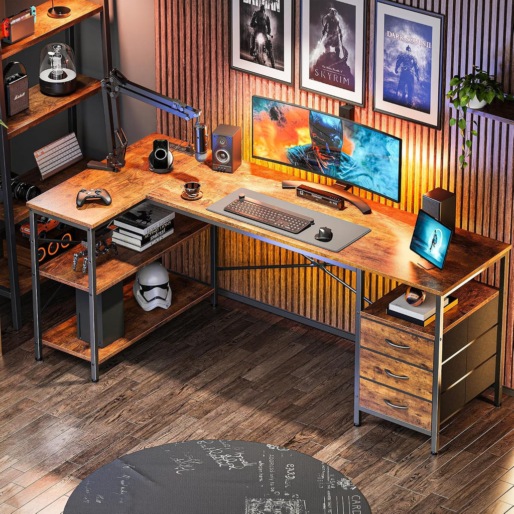 Huuger L Shaped Desk with Power Outlets, 63 Inch Reversible Computer Desk with 3 Drawers and Shelves, Home Office Table for Corner Work Study Writing Gaming, Rustic Brown