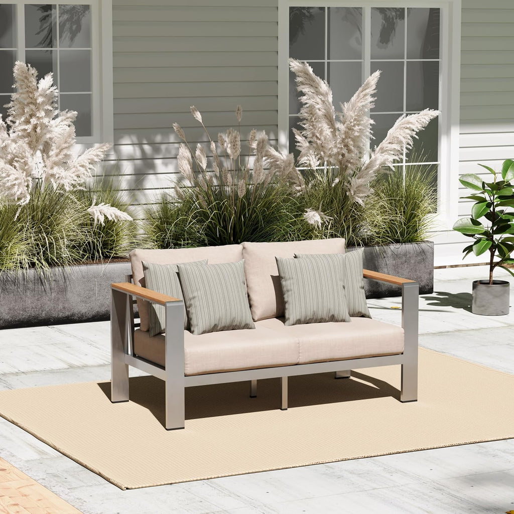 Aluminum Outdoor Patio Furniture Loveseat, All-Weather Outdoor Patio Sofa with Washable Thick Cushion, Patio Sofa Couch for Porch, Balcony, Deck, Yard, Silver