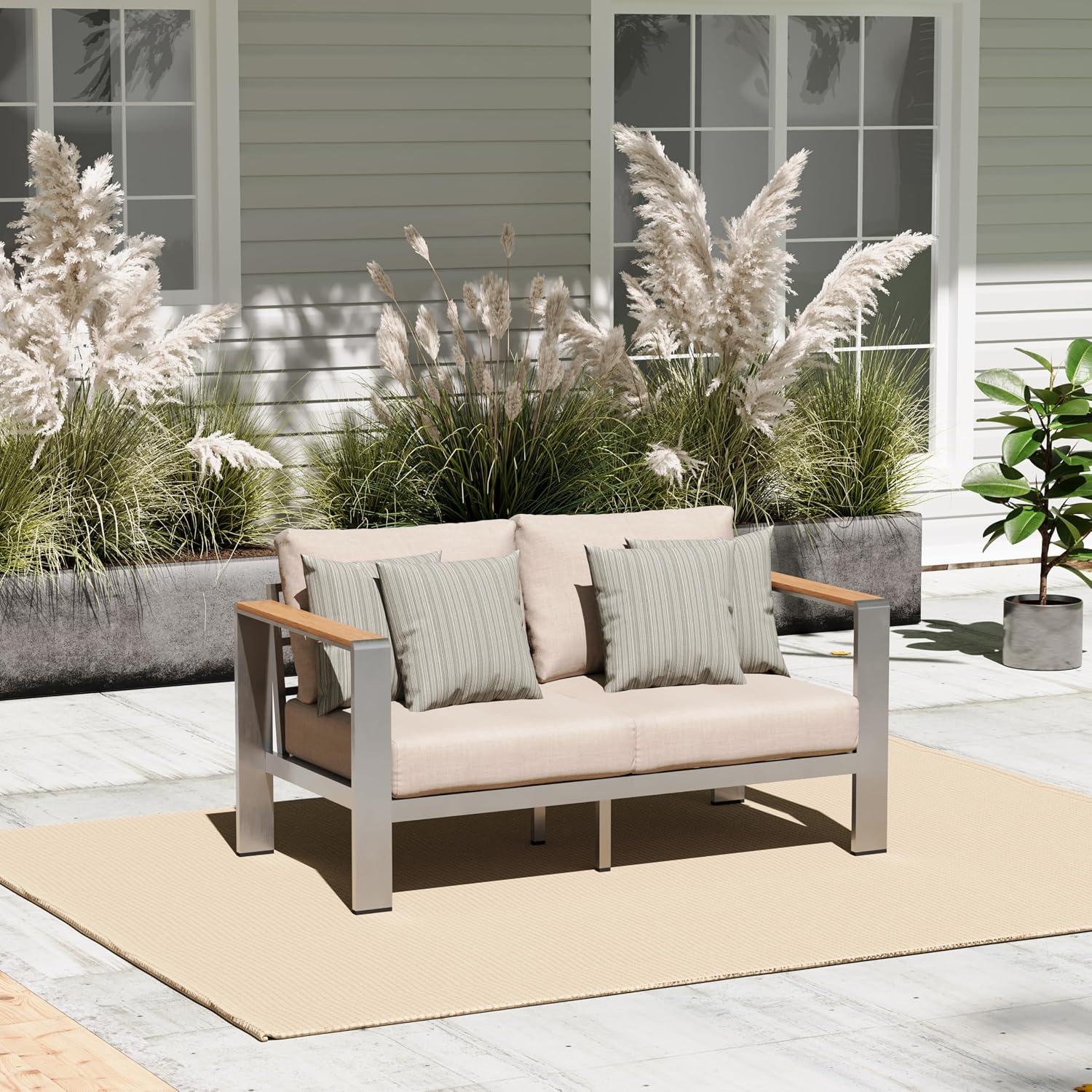Aluminum Outdoor Patio Furniture Loveseat, All-Weather Outdoor Patio Sofa with Washable Thick Cushion, Patio Sofa Couch for Porch, Balcony, Deck, Yard, Silver