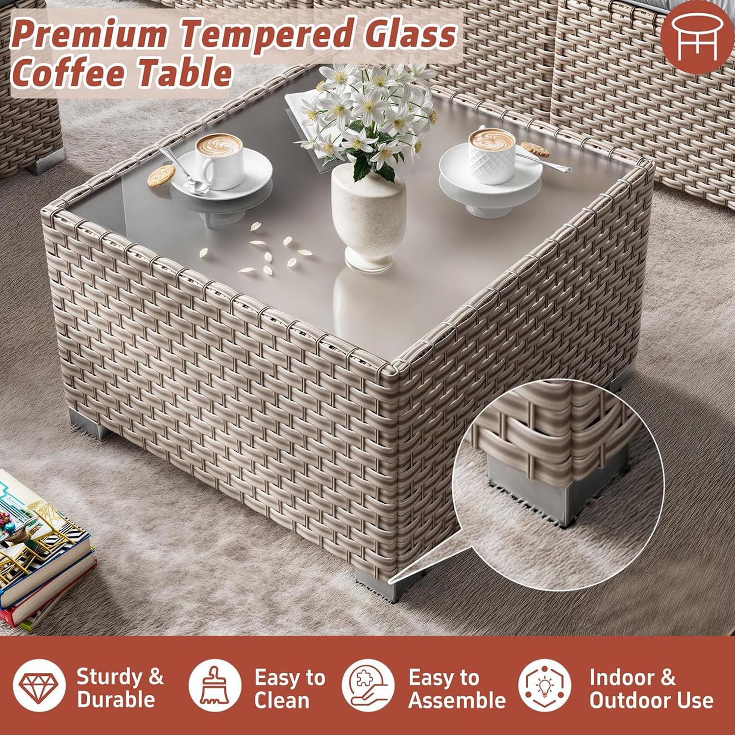 10 Pieces Patio Furniture Set with Fire Pit Table, Outdoor Sectional Wicker Sofa with Thick Cushions, High Back Swivel Rocker Patio Chairs, Rattan Conversation Set with Coffee Table, Navy