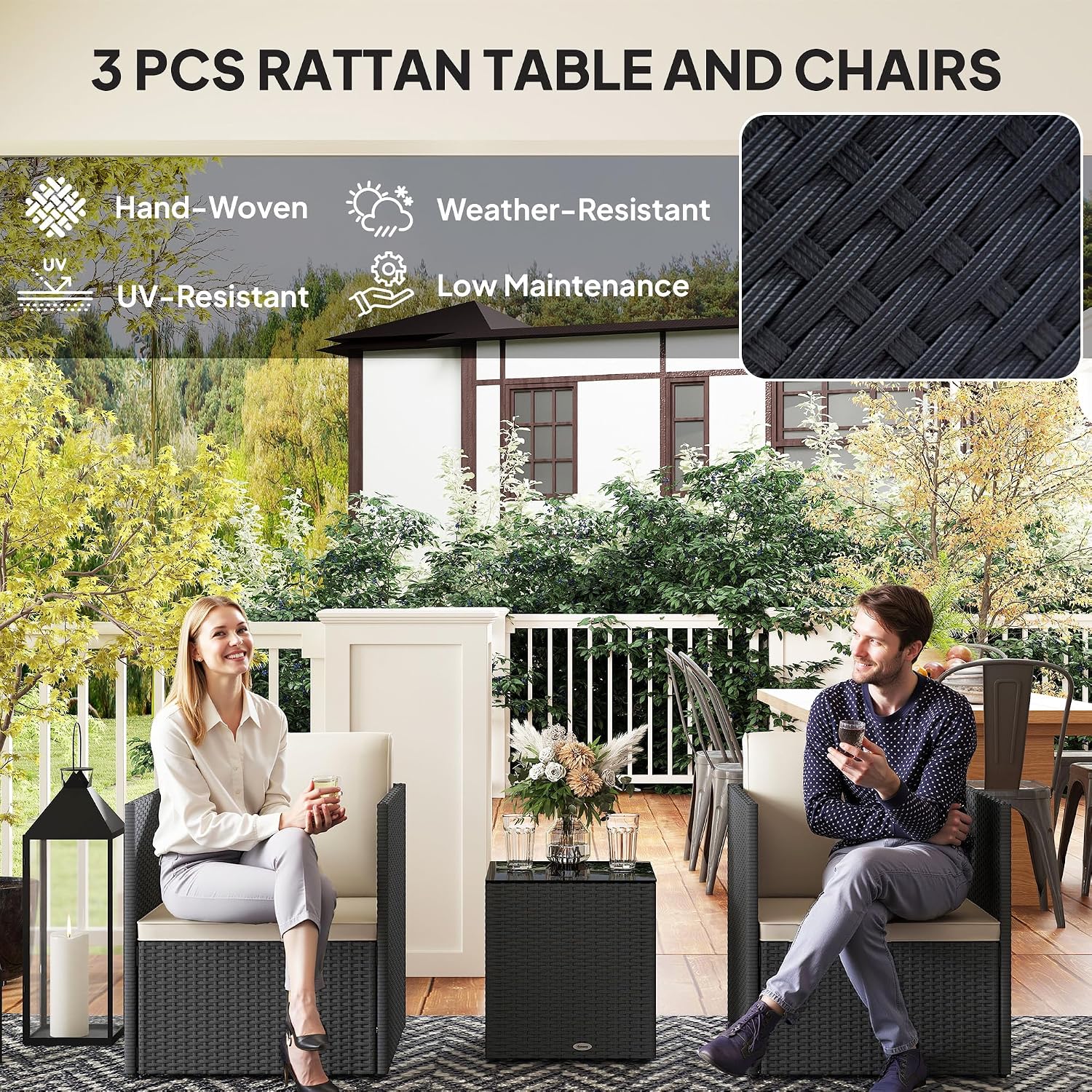 Outsunny 3 Piece Patio Furniture Set, Folding Outdoor Wicker Bistro Set with Washable Cushions, Adjustable Feet, and Glass Coffee Table, Easy Assembly for Garden, Balcony, Poolside, Backyard, Black
