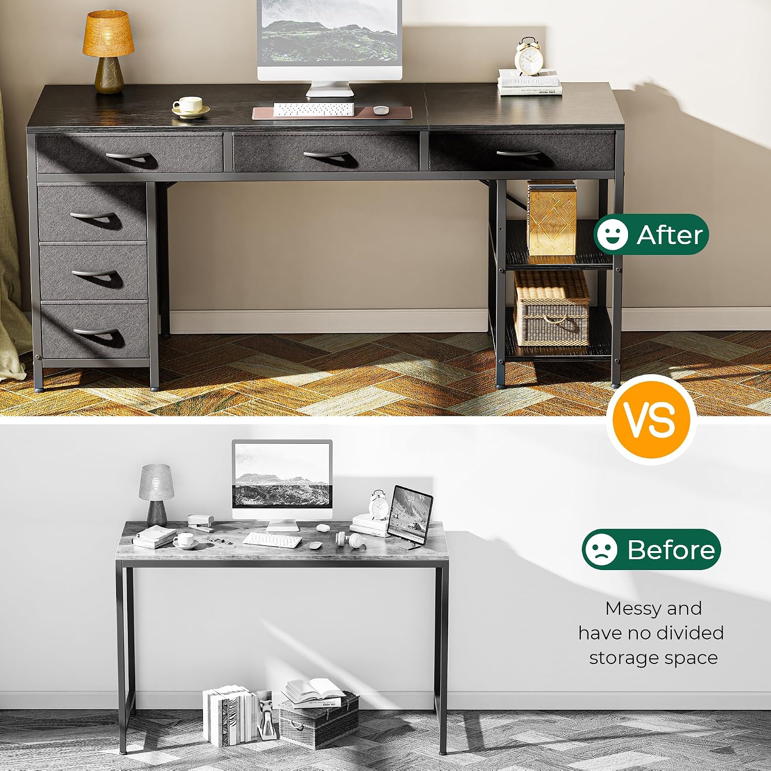 Huuger Computer Desk with 6 Drawers, Office Desk with Shelves, Reversible Gaming Desk, Corner Desk with Storage, Work for Home Office, Study, Living Room, 63inch, Black
