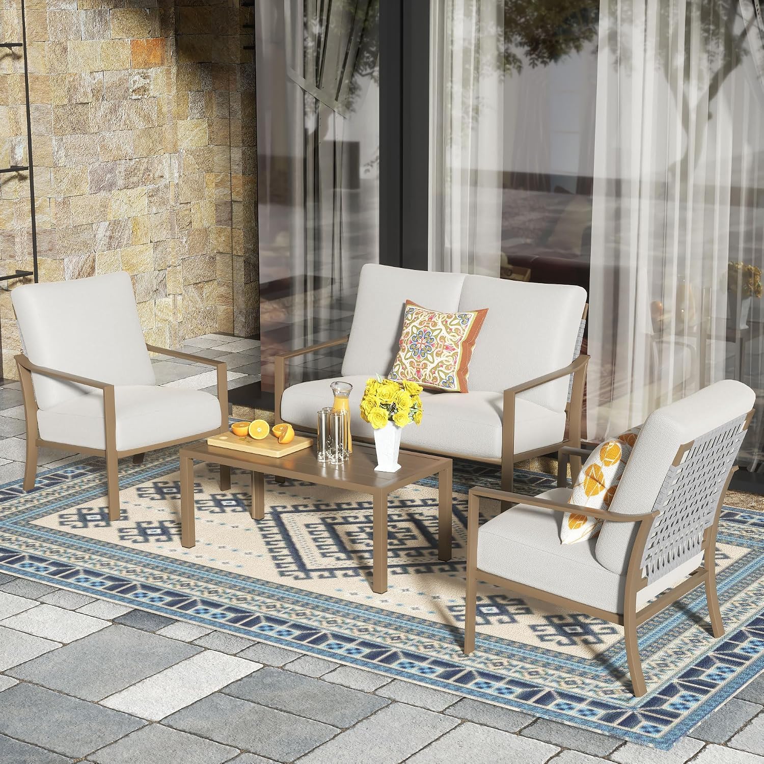NATURAL EXPRESSIONS 4 Pieces Patio Furniture Sets,Modern Metal Outdoor Conversation Sets with All Weather Hand-Woven Rope Chairs,High Back Frame,Metal Table, 6' Thick Olefin Cushions for Yard,Garden