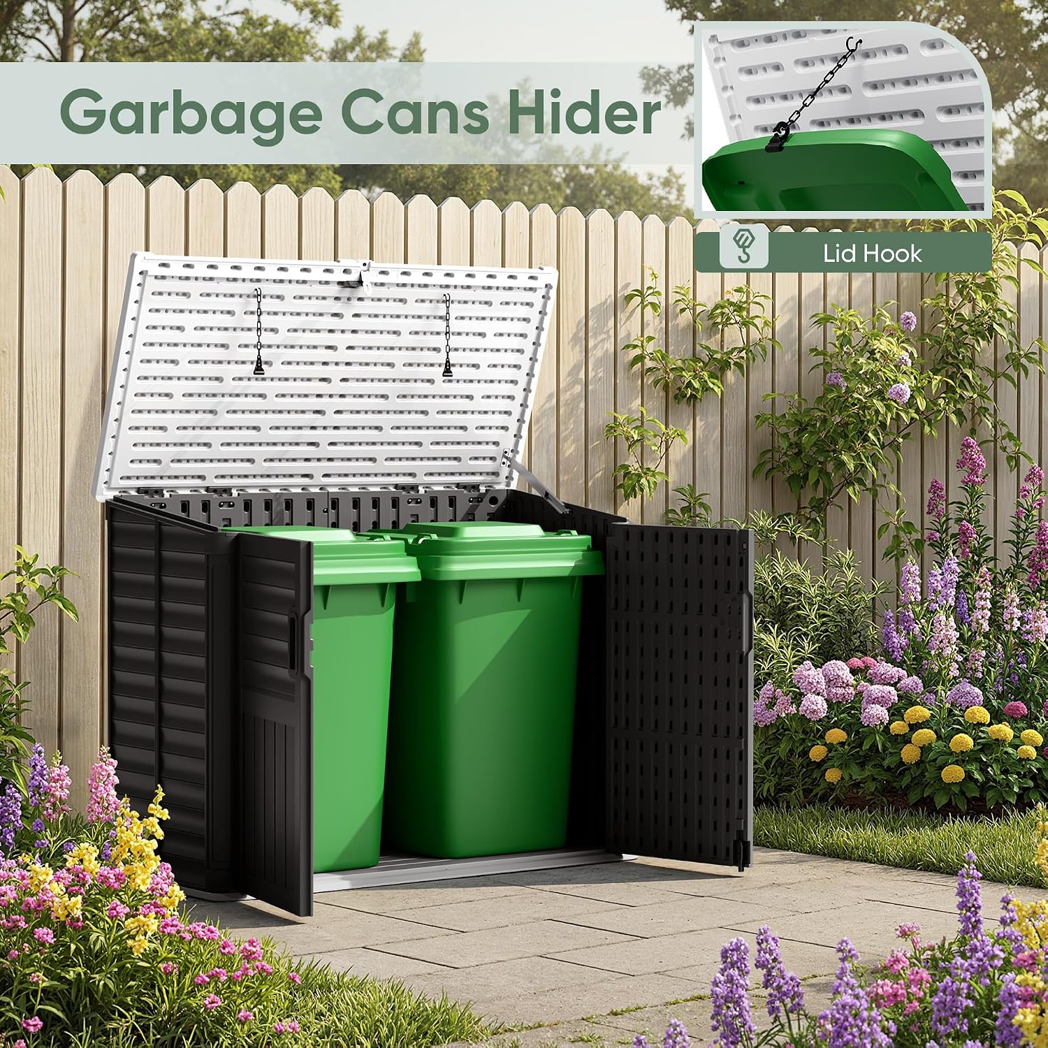 Devoko Outdoor Storage Shed, 34 Cu Ft Outdoor Storage Cabinet Without Shelf, Waterproof, Double Locks, Resin Storage for Trash Can, Garden Tools, Pool Supplies, Black