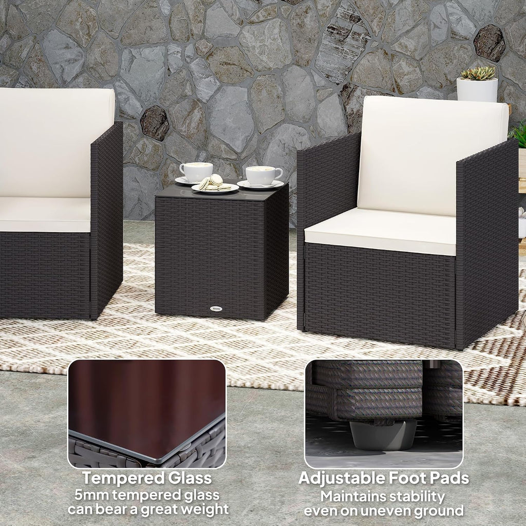 Outsunny 3 Piece Patio Furniture Set, Folding Outdoor Wicker Bistro Set with Washable Cushions, Adjustable Feet, and Glass Coffee Table, Easy Assembly for Garden, Balcony, Poolside, Backyard, Brown