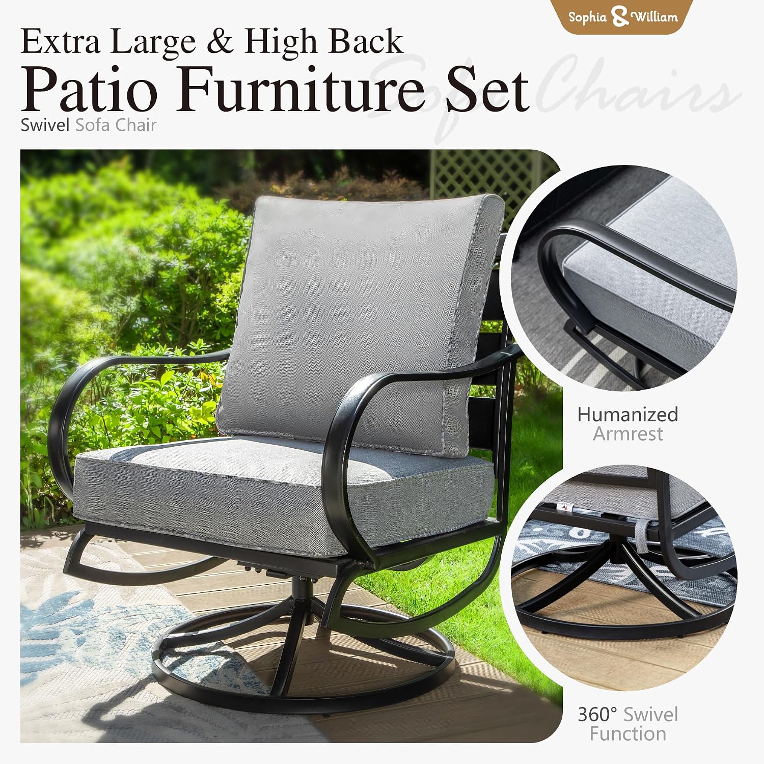 Sophia & William Patio Furniture Sets 5 Seats Outdoor Metal Conversation Sets 4 Pcs with 2 x Cushioned Swivel Sofa Chairs,1 x 3-Seat Sofa, 1x Marbling Metal Coffee Table Lawn Backyard Poolside Grey