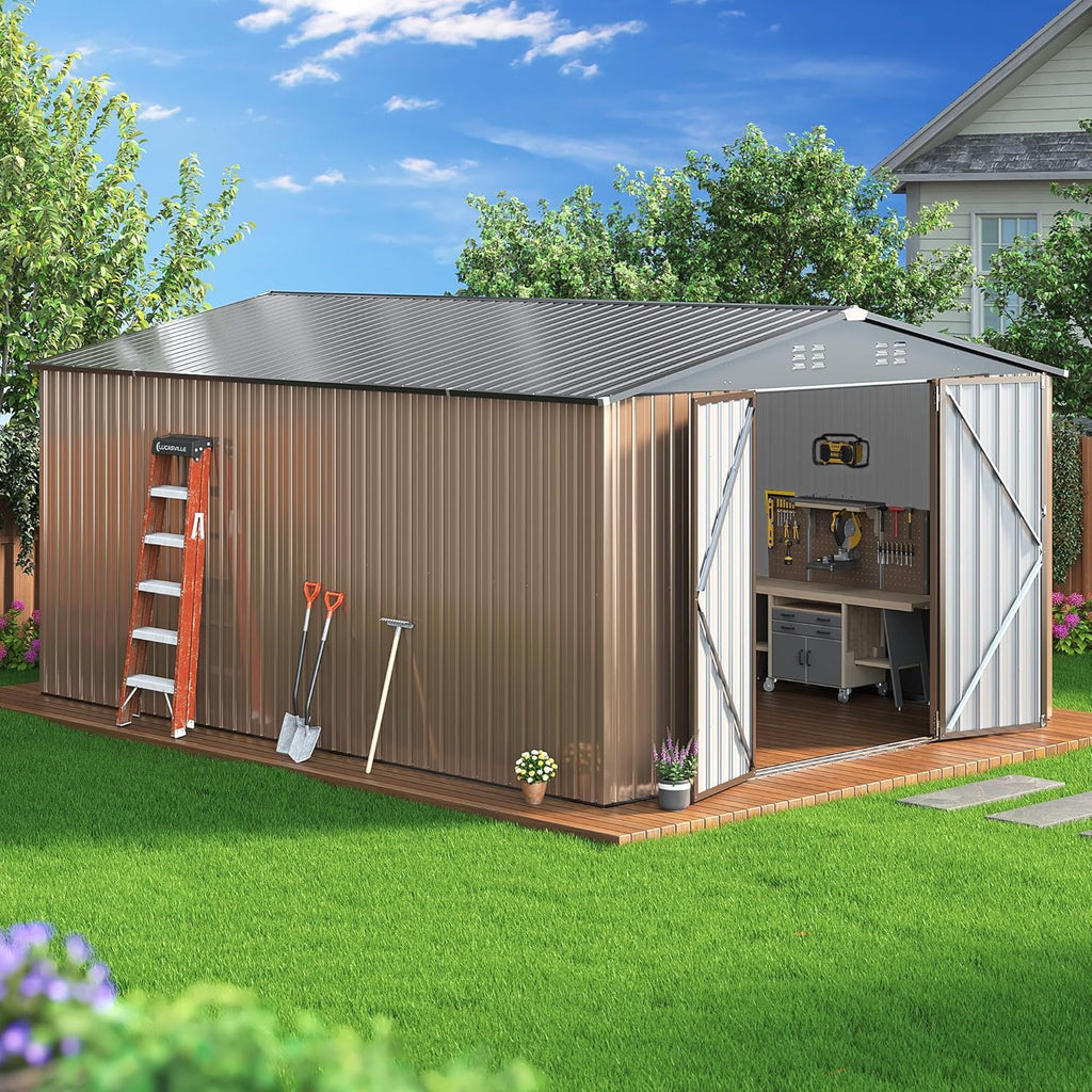 AirWire 10x14 FT Outdoor Storage Shed, Large Garden Shed with Updated Frame Structure and Lockable Doors, Metal Tool Sheds for Backyard Garden Patio Lawn, Brown