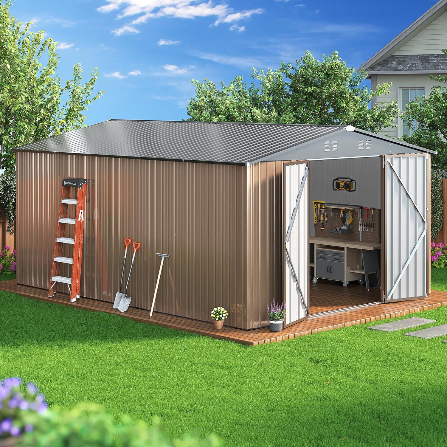 AirWire 10x14 FT Outdoor Storage Shed, Large Garden Shed with Updated Frame Structure and Lockable Doors, Metal Tool Sheds for Backyard Garden Patio Lawn, Brown