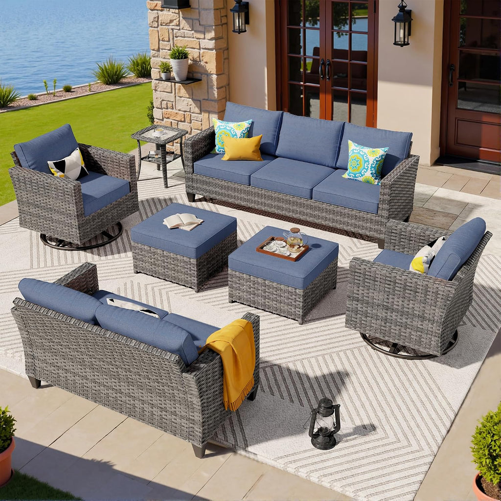ovios 7 Pieces Patio Furniture Set, Outdoor Wicker Sofa Couch with Swivel Chairs, Rocking Glider Rocker with Comfy Cushions All Weather Rattan Conversation Set, Denim Blue