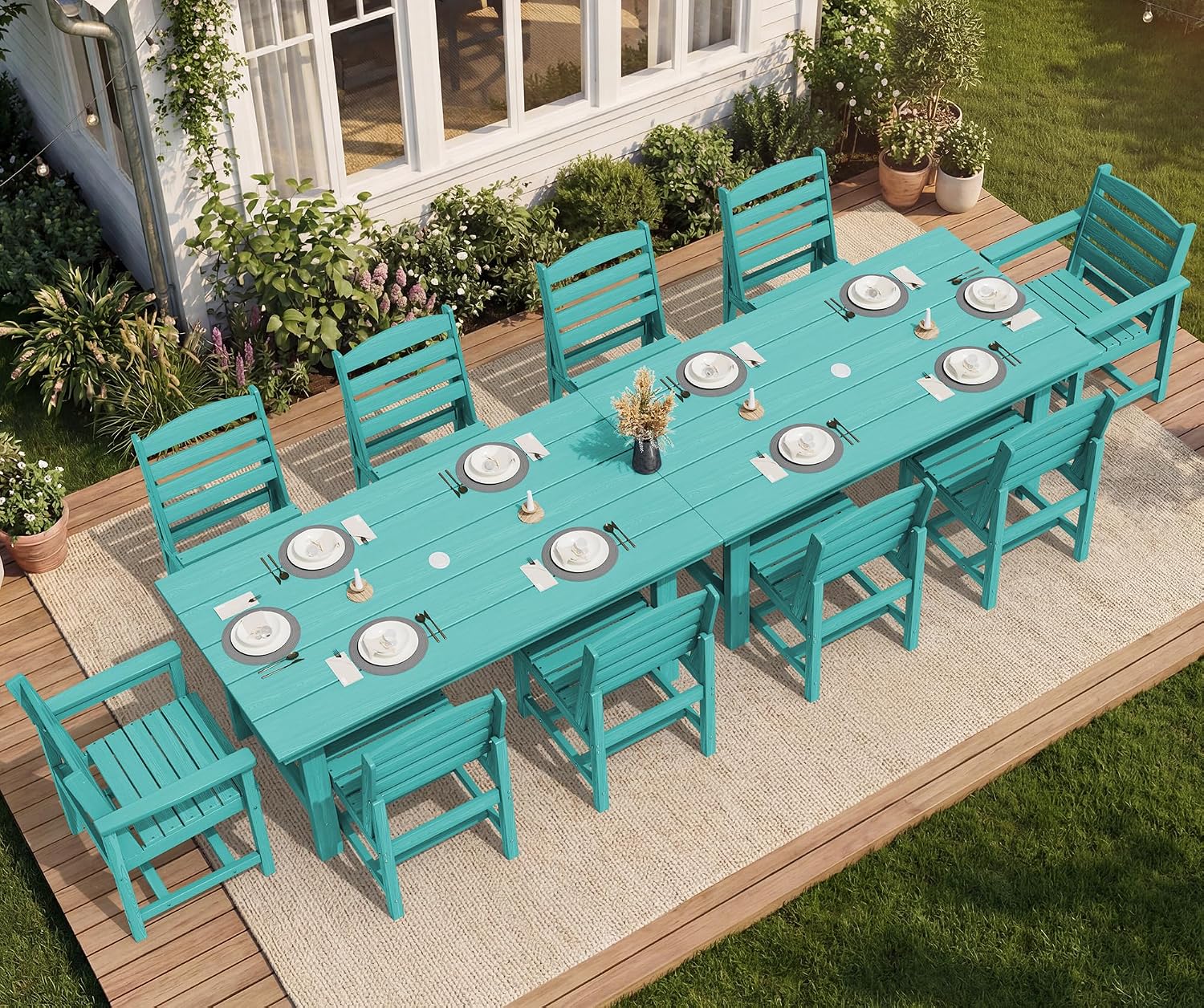SERWALL Patio Dining Sets for 10 Person, HDPE Dining Set with 2 Tables, 8 Armless Chairs and 2 Armed Dining Chairs, Aruba