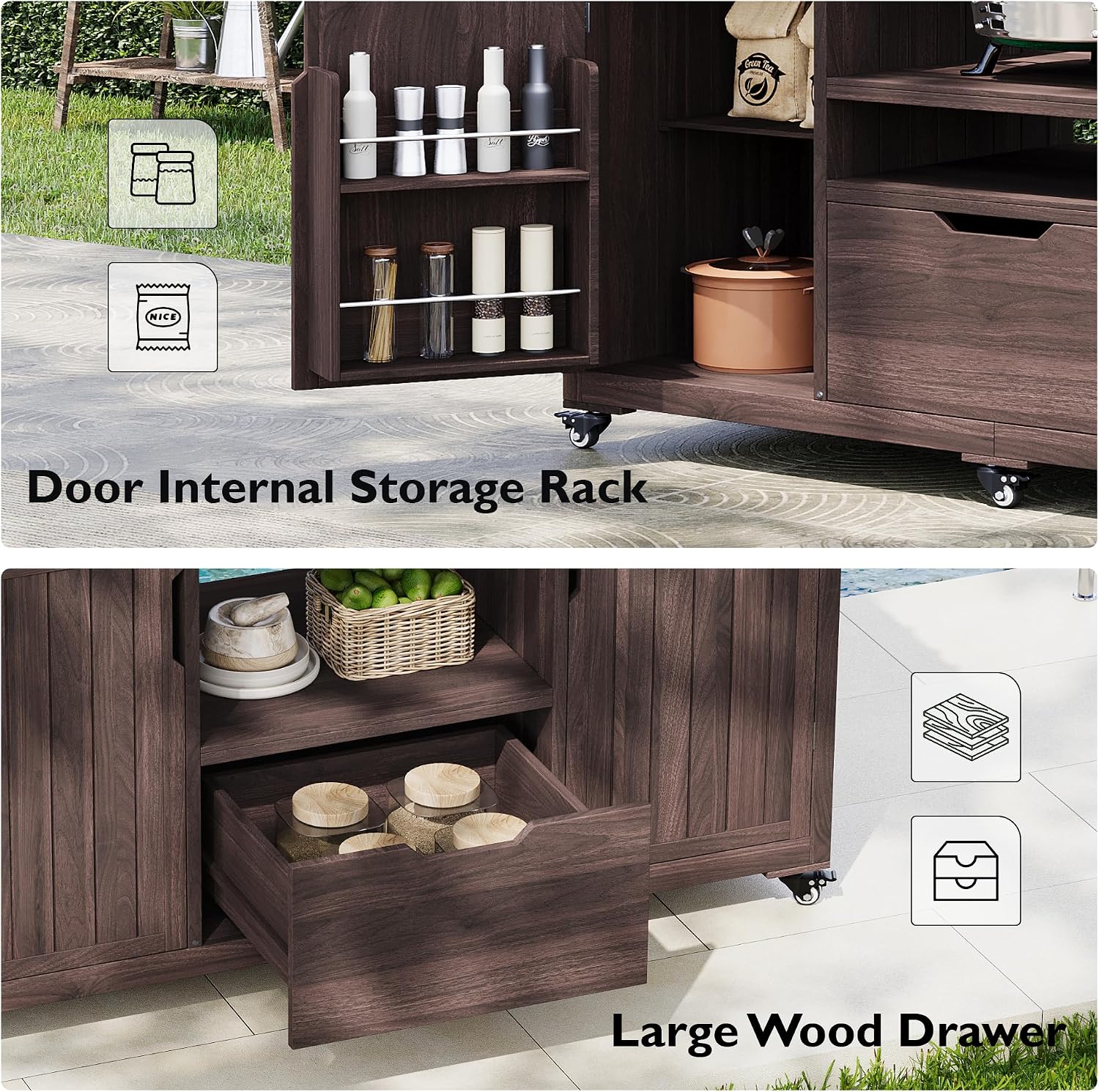 Merax 66.5' Outdoor Grill Table for Big Green Egg, Farmhouse Kitchen Island on Wheels with Stainless Steel Tabletop, Drawer and Spice Rack, Solid Wood Outdoor Storage Cabinet for Backyard, Dark Brown