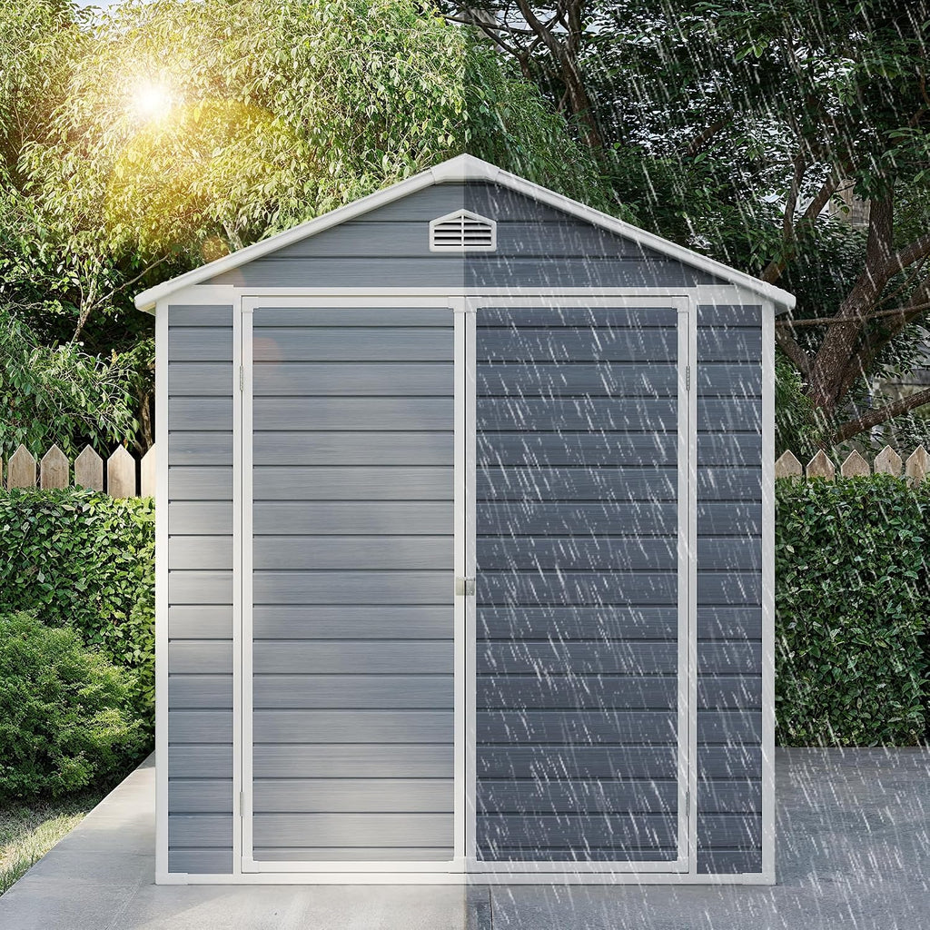 Gizoon 8x6 FT Outdoor Plastic Storage Shed with Reinforced Steel Frame, All-Weather Waterproof Resin Construction, Lockable Doors, Included Floor and Window for Backyard, Garden, Patio
