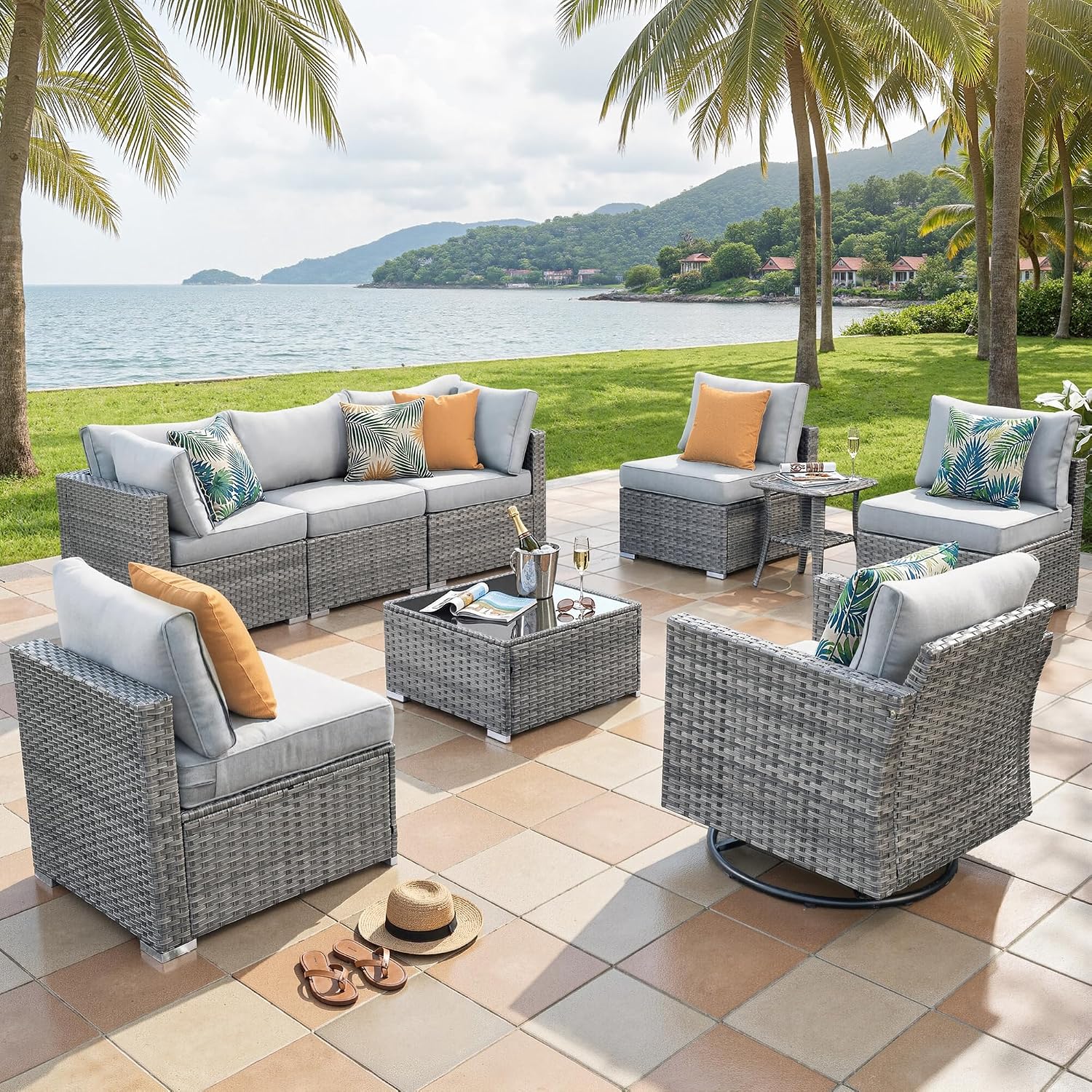 ovios Outdoor 9 Piece Coversation Set with Swivel Rocking Chair,Sectional Patio Furniture Set with All-Weather Wicker Sofa,Modern Outside Couch for Balcony Backyard Pool, Grey