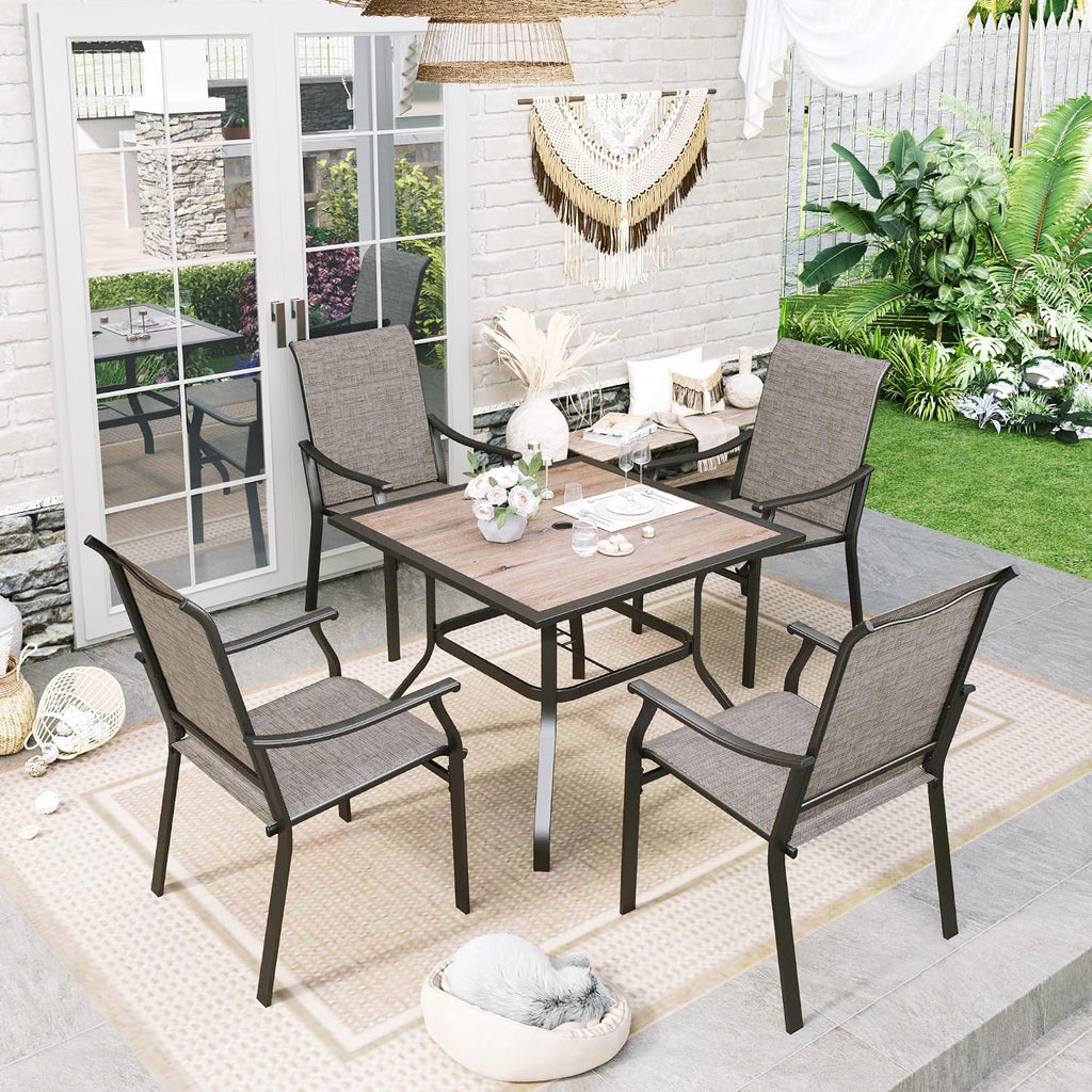 Sophia & William 5-Piece Outdoor Dining Set, 4 Comfortable Textilene Chairs and 37' Wood-like Top Outdoor Square Table, Durable All-Weather Patio Furniture for Lawn, Park, and Courtyard Support 350lbs