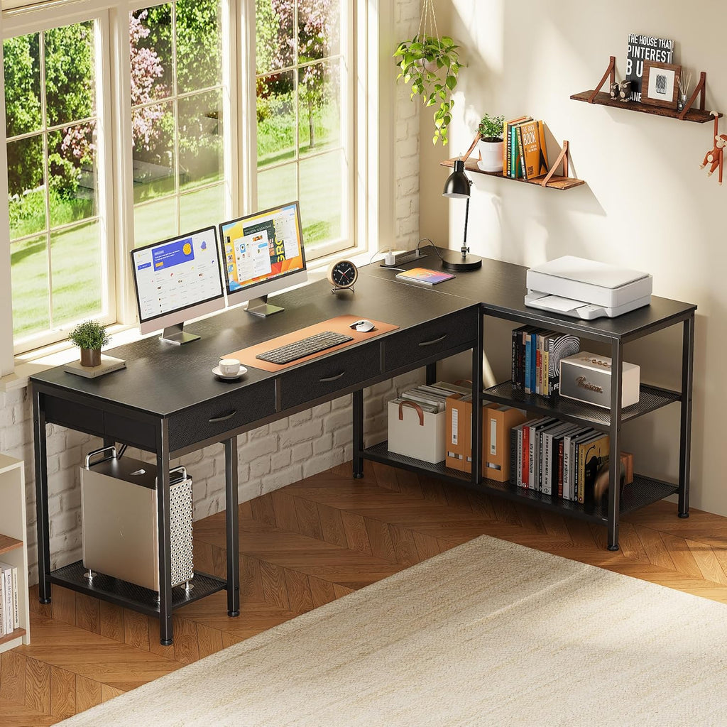 PRAISUN 63 Inch L Shaped Office Desk with Power Outlets and Type-C Port, Large Computer Gaming Desk with 3 Fabric Drawers, Mesh Shelves, Corner Study Work Writing Desk, Black