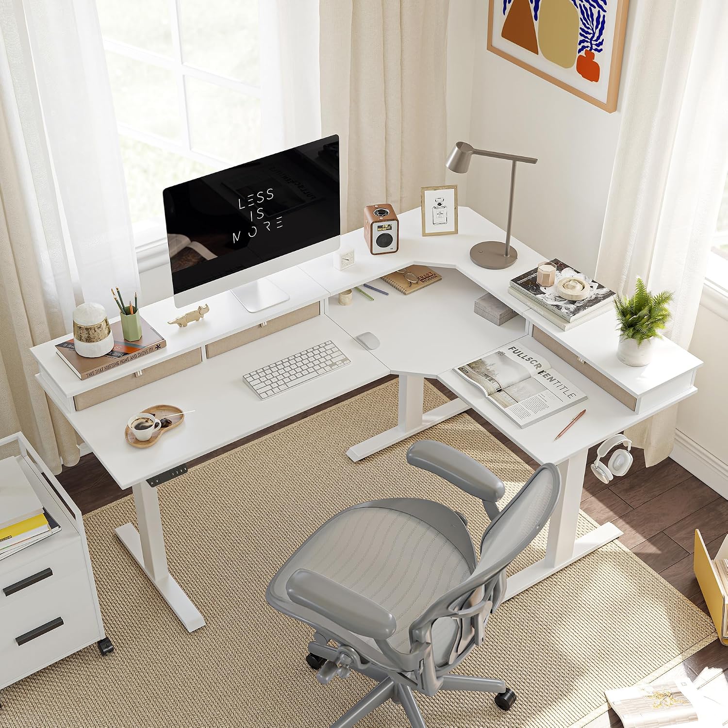 FEZIBO 63' Triple Motor L Shaped Standing Desk with 3 Drawers, 330LBS Electric Standing Gaming Office Desk L Shape, Pure White