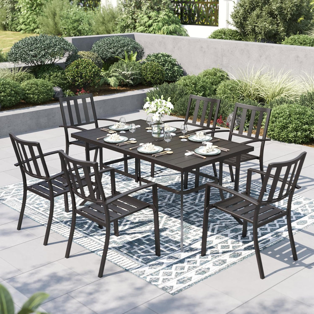 PHI VILLA 7 Piece Outdoor Dining Set for 6, 60' Rectangular Metal Steel Table with Umbrella Hole & Stacking Wrought Iron Chairs, Large Furniture Set for Patio, Deck, Yard - Black
