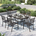 PHI VILLA 7 Piece Outdoor Dining Set for 6, 60' Rectangular Metal Steel Table with Umbrella Hole & Stacking Wrought Iron Chairs, Large Furniture Set for Patio, Deck, Yard - Black