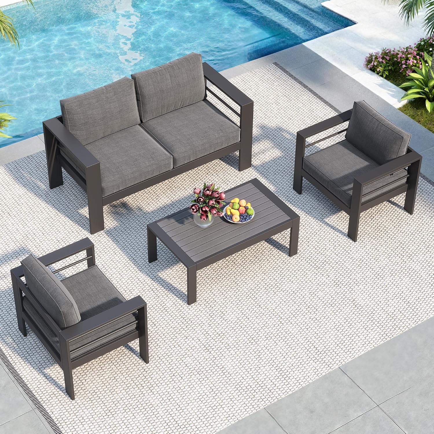 Solaste Aluminum Patio Furniture Set for All Weather, Oversized Metal Outdoor Furniture Set with 27.5' Deep Seating and 3.2' Wide Armrest, Outdoor Patio Conversation Sets with 10' Back Cushion, Gray