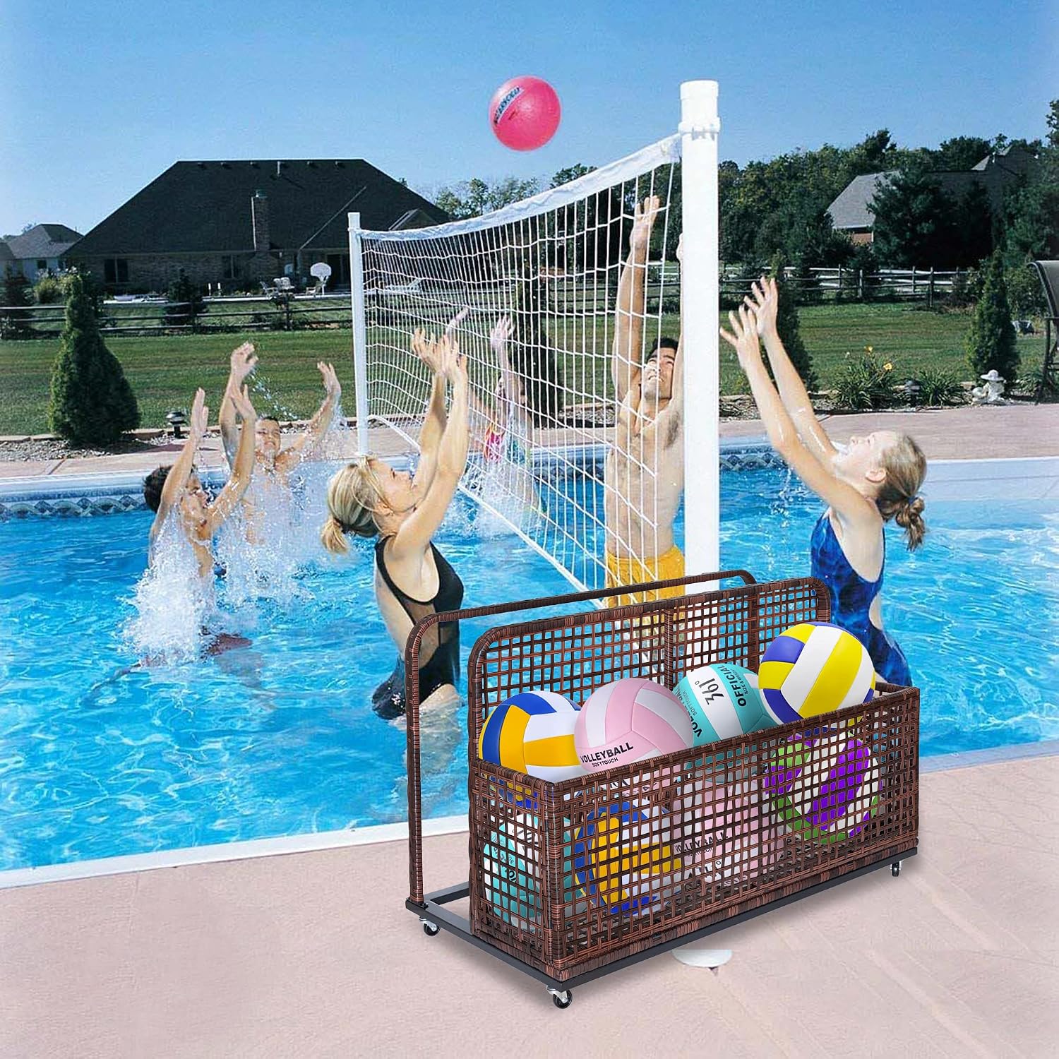 Pool Float Storage, Outdoor Storage, Patio Poolside Float Storage Box, PE Rattan Outdoor Pool Caddy with Rolling Wheels, Floaties, Patio,Beach-Sturdy & Movable