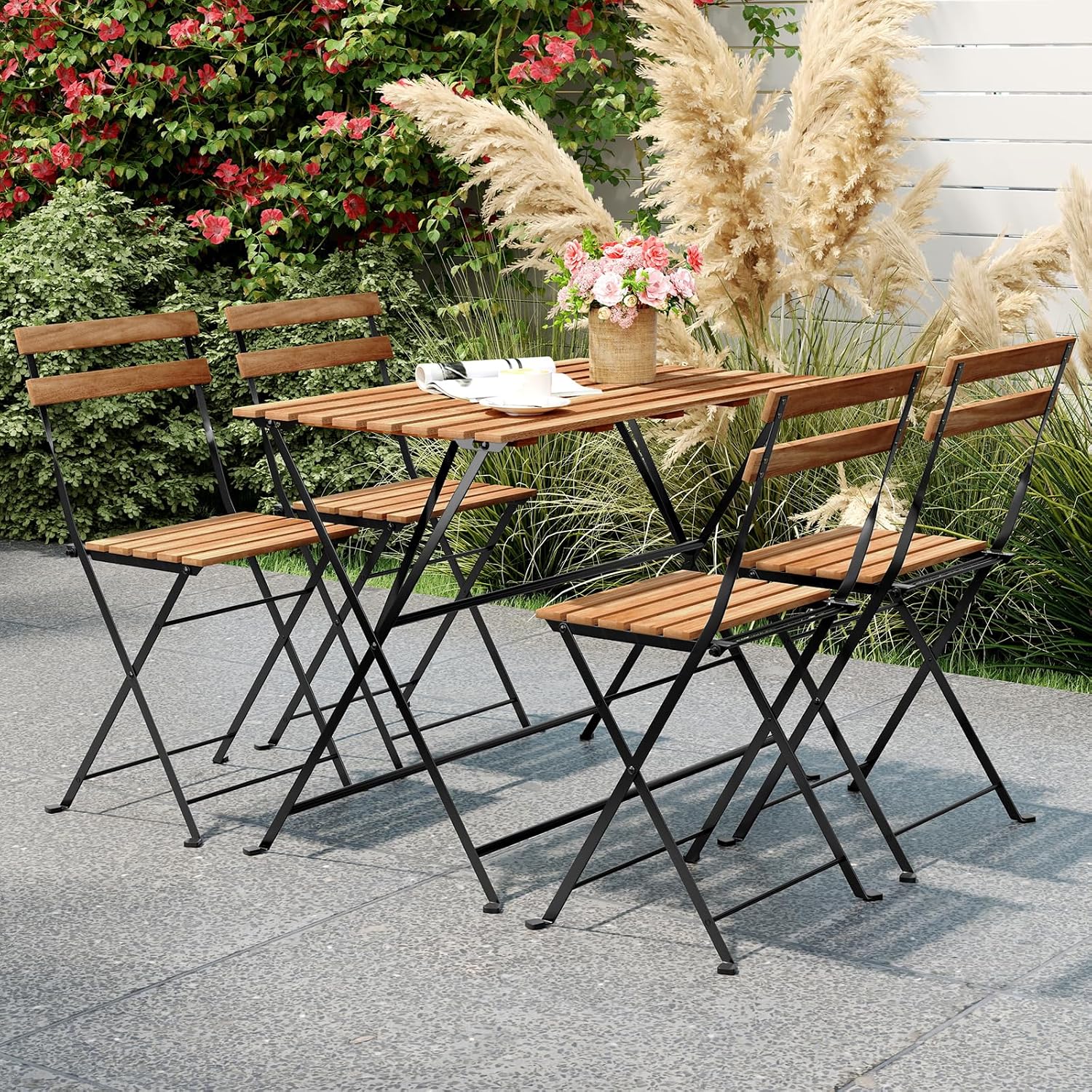 Giantex 5-Piece Outdoor Dining Table Set for 4, Acacia Wood Bistro Table with 4 Folding Patio Chairs, Slatted Seat & Tabletop, Metal Frame, for Yard Porch Garden Poolside (Black + Brown)