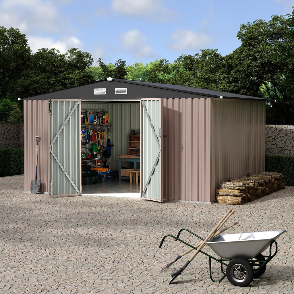 GarveeLife 10x12x6.4 ft Outdoor Storage Sheds with Floor, Metal Garden Tool Shed for Backyard, Large Metal Sheds Outdoor Storage With Lockable Doors & Air Vents for Backyard Garden Patio Lawn