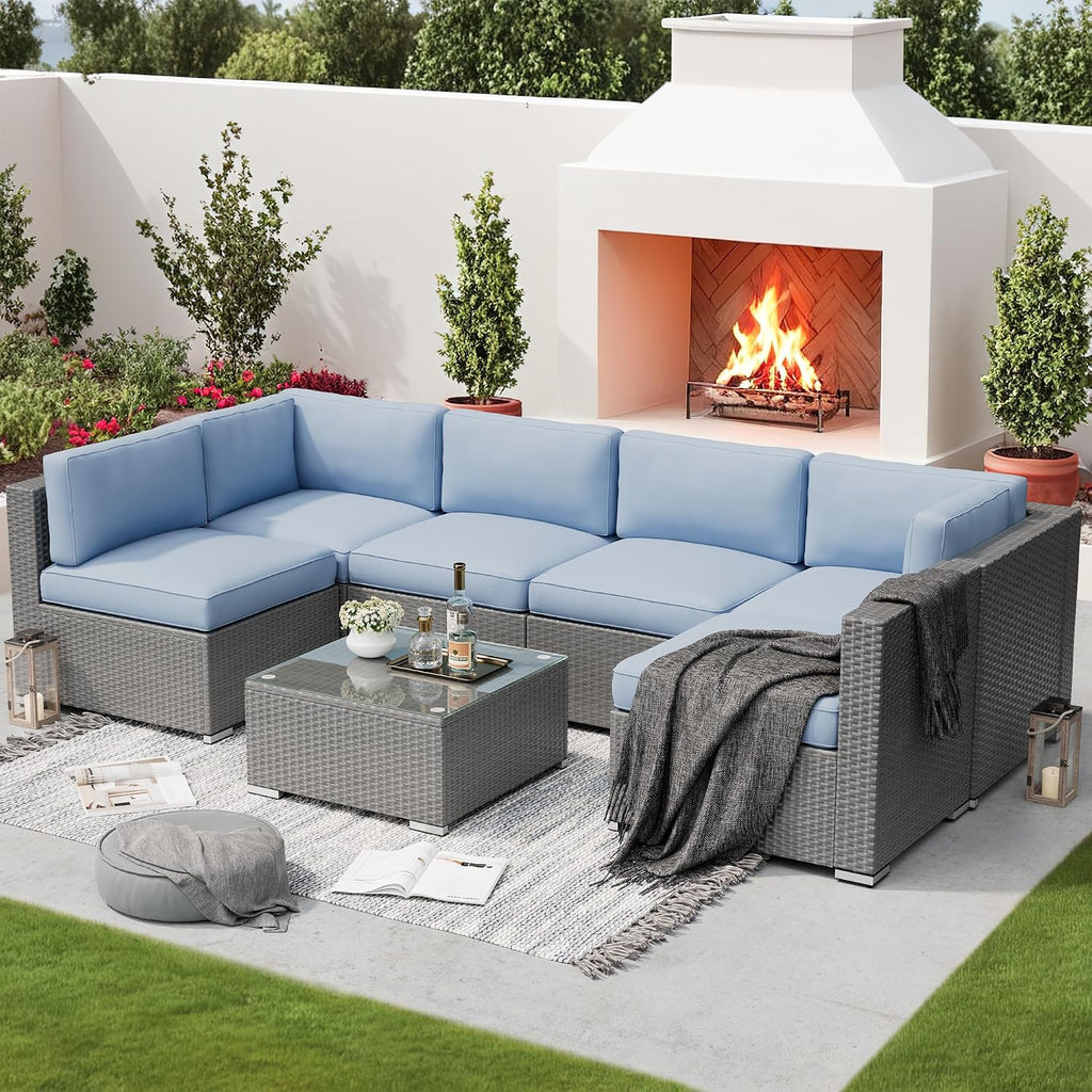SUNCROWN Outdoor Patio Furniture Set 7 Piece Outdoor Sectional Sofa Grey Wicker Conversation Sofa Set with Coffee Table, Cushions and A Waterproof Cover, Backyard, Garden, Poolside, (Light Blue)