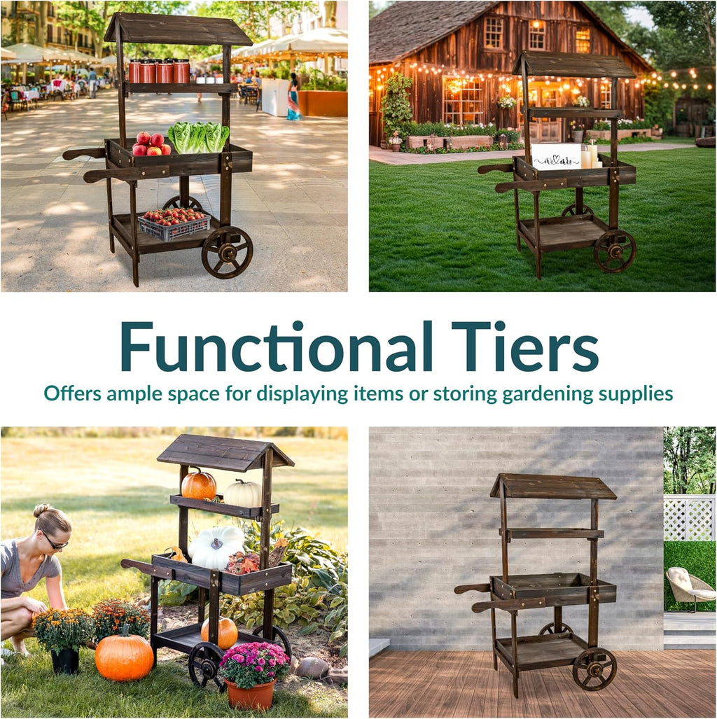 Sunnydaze Country Market Flower Cart Display Stand with Wheels - 2 Shelves - Fir Wood - 30 lb Weight Capacity - Charred Fir