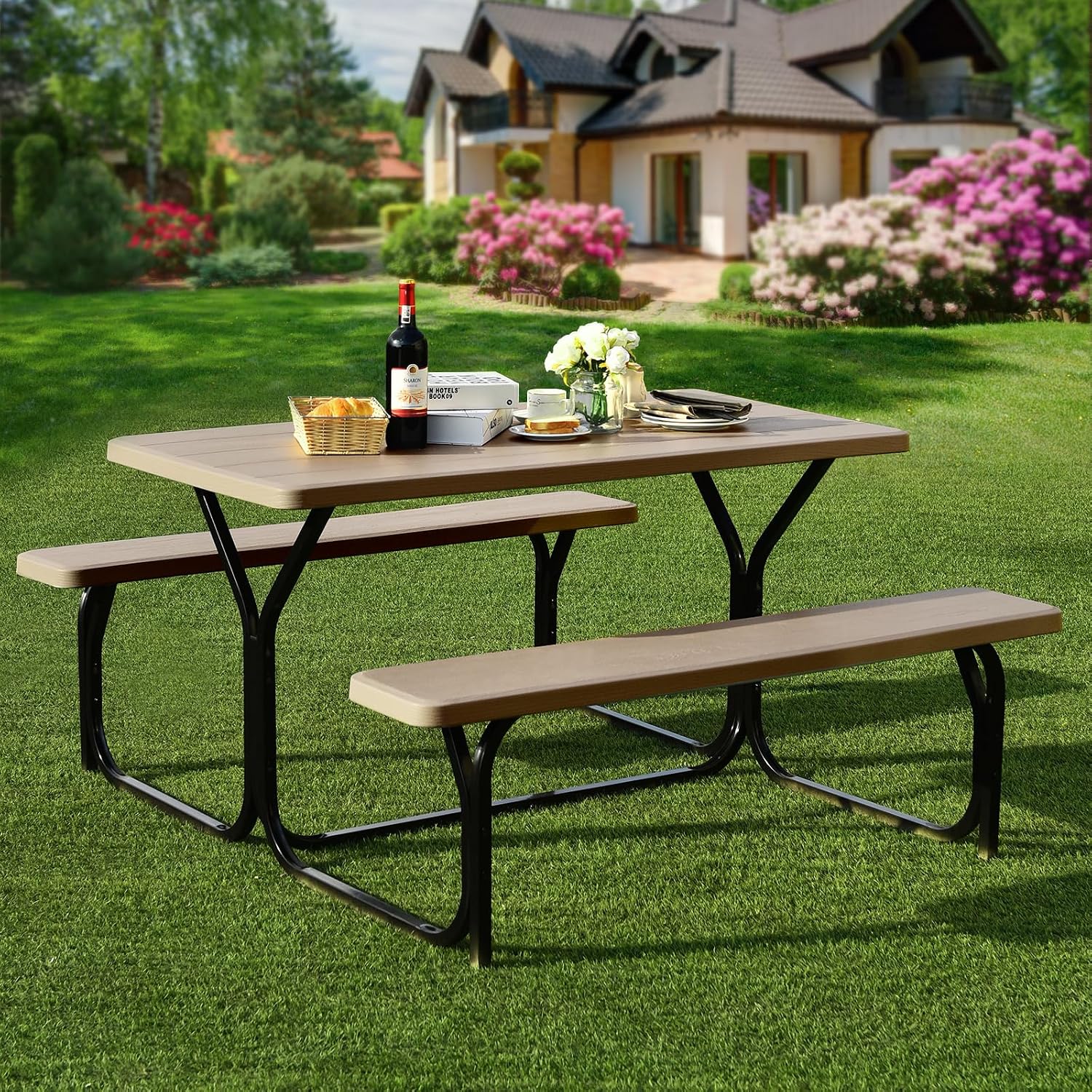 Giantex Picnic Table Bench Set Outdoor Camping All Weather Metal Base Wood-Like Texture Backyard Poolside Dining Party Garden Patio Lawn Deck Furniture Large Camping Picnic Tables for Adult