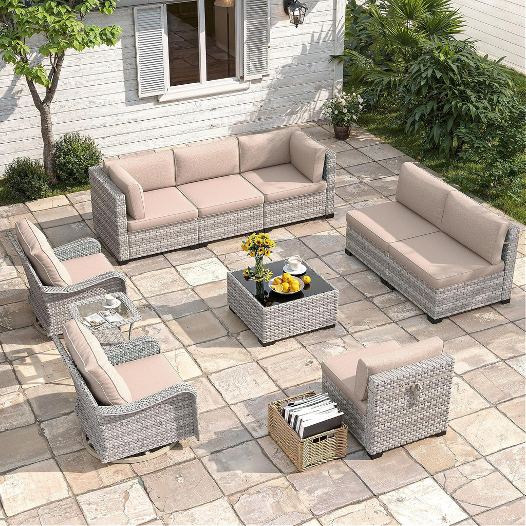 8-Seat Modern Patio Furniture Set with Swivel Rocking Chairs, Thick 4″ Cushions, Dual-Strand Wicker Rattan, Rust-Resistant Steel Frame – Outdoor Conversation & Modular Sectional,Beige