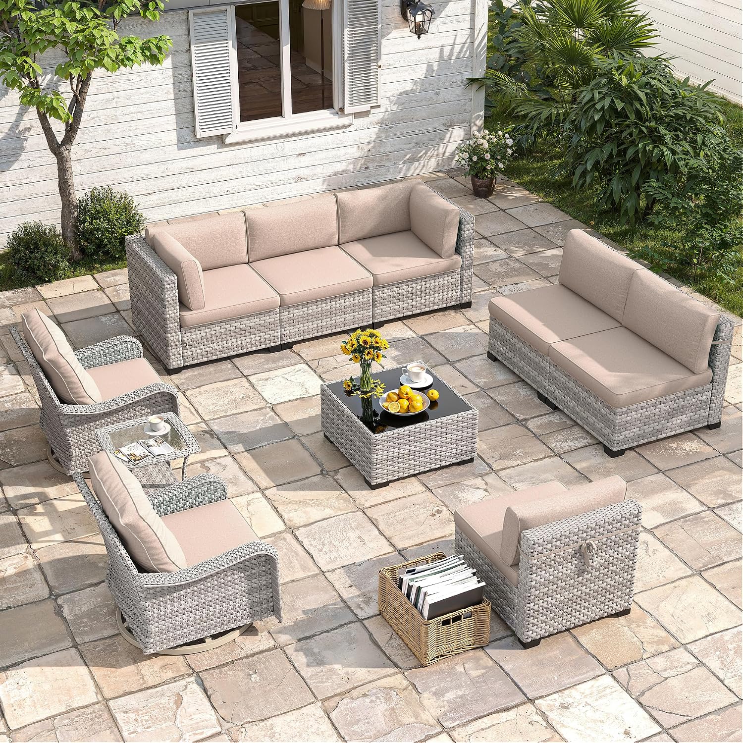 8-Seat Modern Patio Furniture Set with Swivel Rocking Chairs, Thick 4″ Cushions, Dual-Strand Wicker Rattan, Rust-Resistant Steel Frame – Outdoor Conversation & Modular Sectional,Beige
