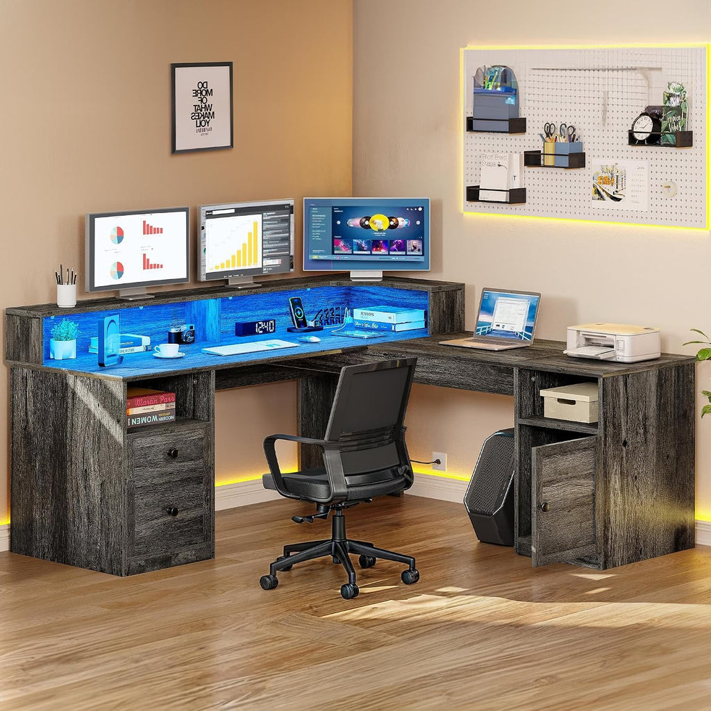 DWVO L Shaped Desk with Drawers, 60' Corner Computer Desk with Power Outlets & Lift Top, Home Office Desk with Storage Cabinet & LED Lights, Wood Desk, Height Adjustable Desk, Grey