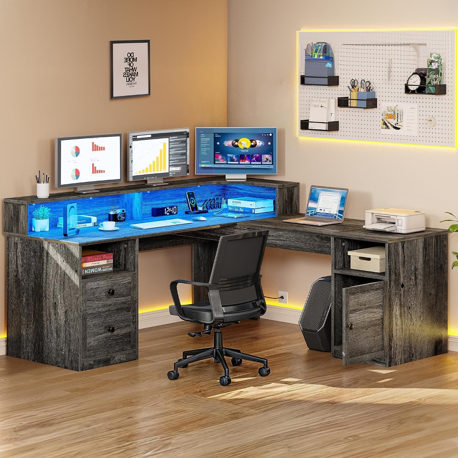 DWVO L Shaped Desk with Drawers, 60' Corner Computer Desk with Power Outlets & Lift Top, Home Office Desk with Storage Cabinet & LED Lights, Wood Desk, Height Adjustable Desk, Grey