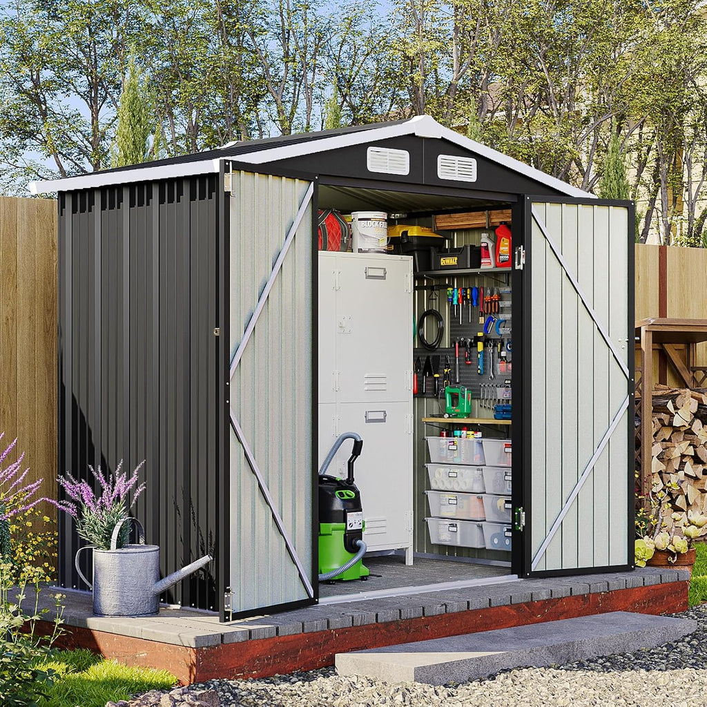 6x4FT Outdoor Storage Shed, Metal Garden Tool Shed with Sloping Roof & Lockable Door for Patio Lawn Backyard (Black, 6x4FT)