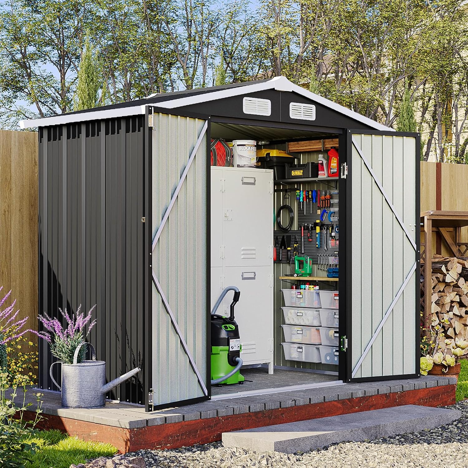 6x4FT Outdoor Storage Shed, Metal Garden Tool Shed with Sloping Roof & Lockable Door for Patio Lawn Backyard (Black, 6x4FT)