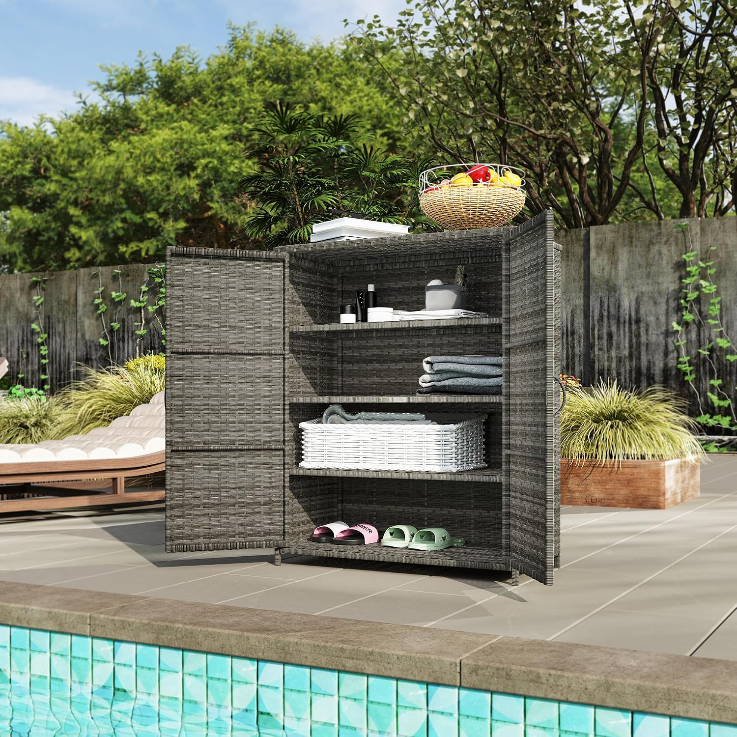 Outsunny Wicker Outdoor Storage Cabinet with Shelves, 4-Shelf Outdoor Pool Towel Cabinet with Two Doors, Rattan Patio Storage Shelves for Garden, Backyard, Porch, Mixed Gray