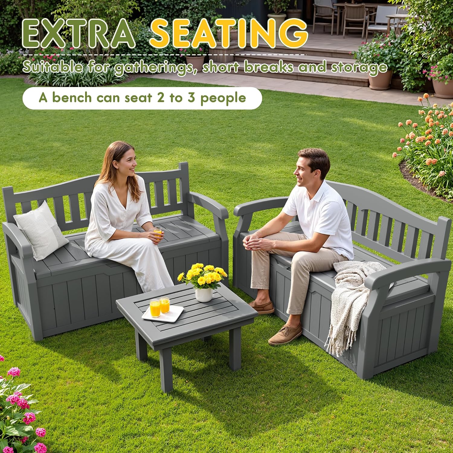 Greesum 80 Gallon Storage Bench Outdoor Deck Box with Armrest, Patio Furniture,Lockable, Waterproof and UV Resistant, Suitable for Garden, Pool, Grey