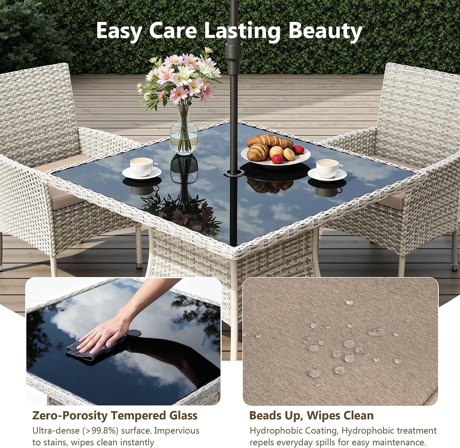 Outdoor Dining Set, 5-Piece Patio Furniture Set with Tempered Glass Table and 4 Cushioned Chairs, Dual-Strand Wicker Rattan, Balcony Furniture for Backyard, Garden, Deck,– Beige