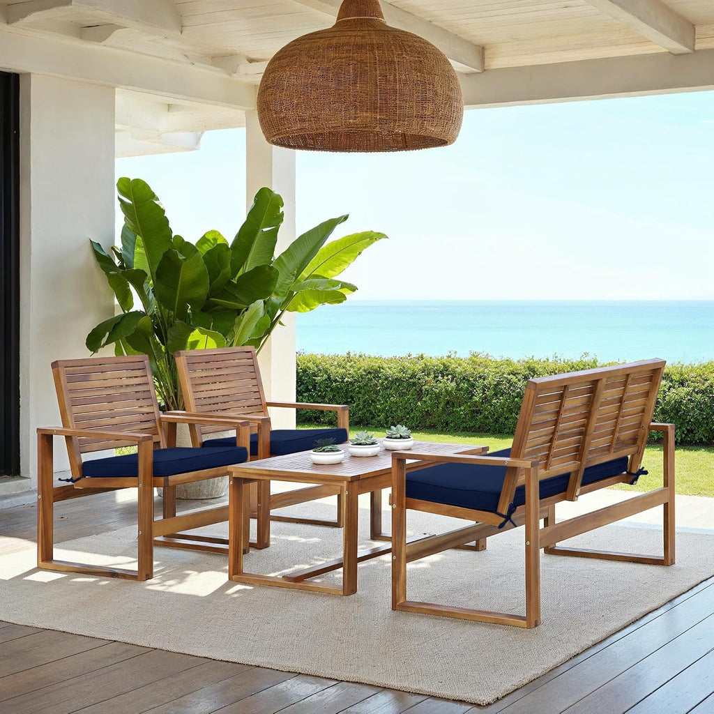 Safavieh Home Collection Hailey Outdoor Living 4-Piece Acacia Patio Furniture Set, Brown and Navy