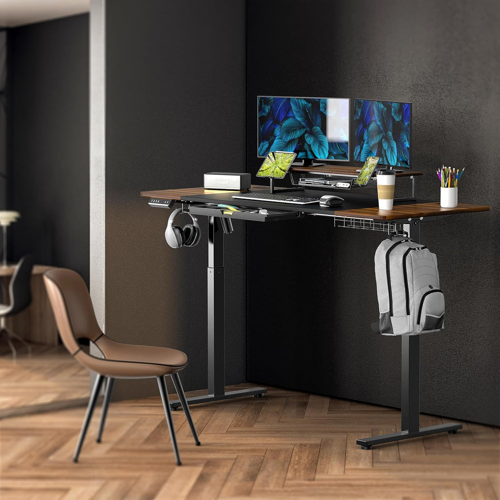 SHW 62-Inch Electric Height Adjustable Standing Desk with Monitor Riser and Drawer, Walnut