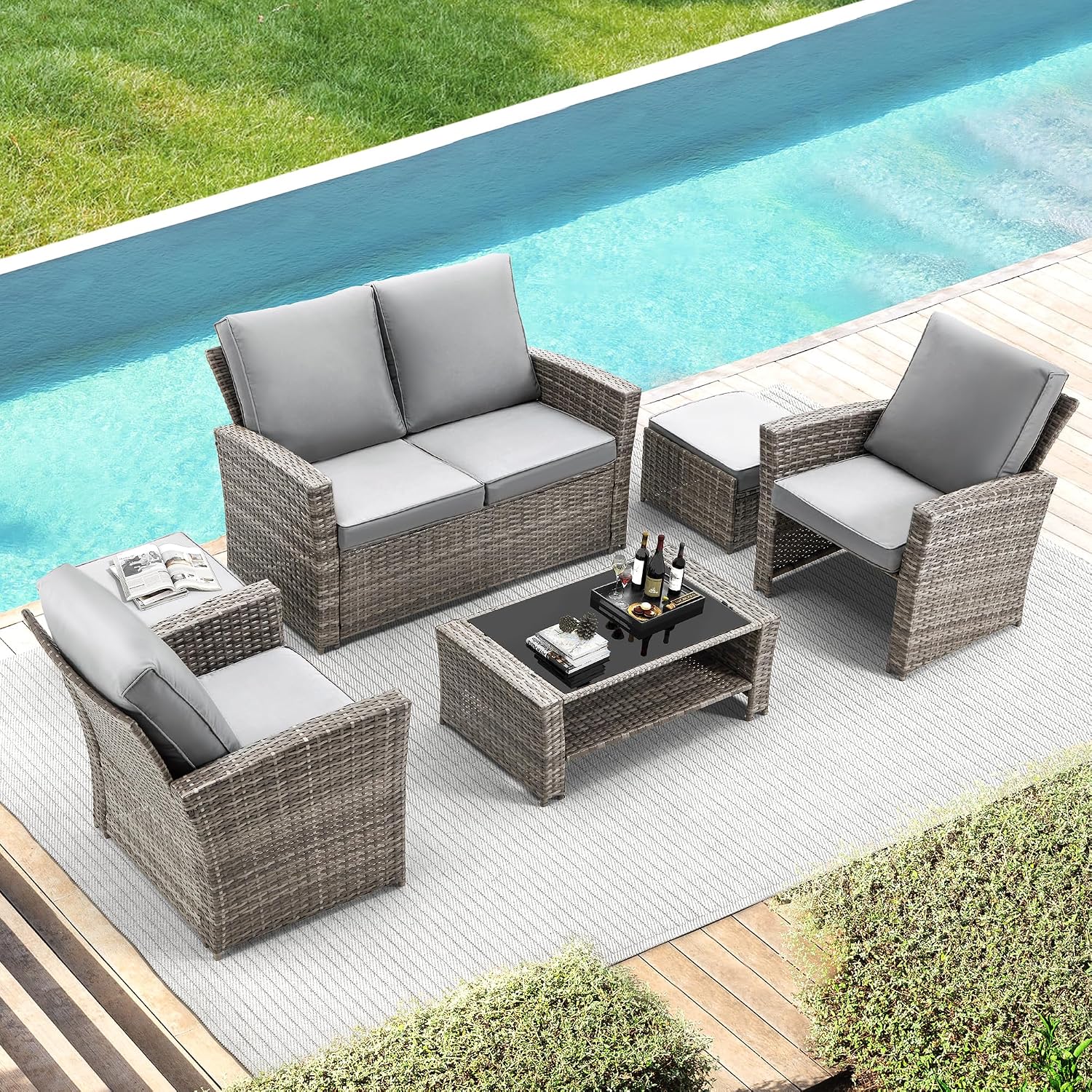 6 Pieces Patio Furniture Set, Outdoor Sectional Conversation Rattan Sofa Set with Ottoman and Outdoor Storage Table for Garden, Porch, Backyard (Dark Gray)