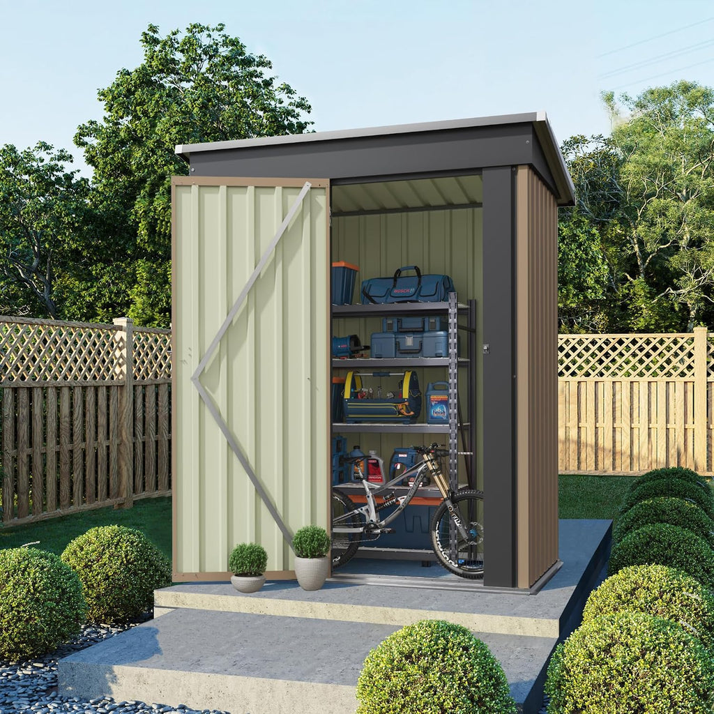 Flamaker 5x3 FT Storage Shed Waterproof Metal Garden Shed with Lockable Door Utility Tool Shed Outdoor Storage for Backyard, Patio and Lawn, Brown