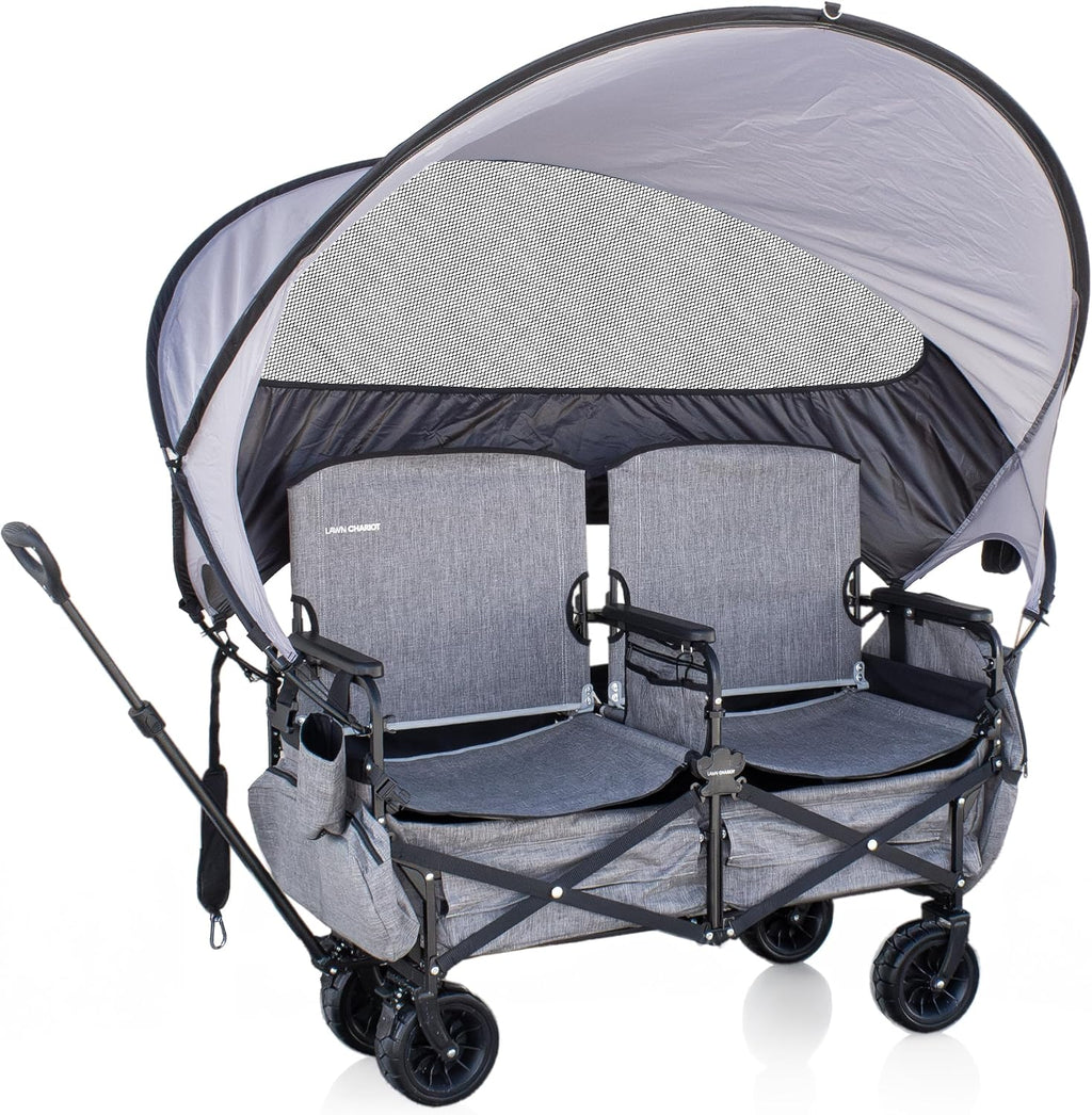 Lawn Chariot, Folding Wagon with 2 Adult Seats & UPF 50+ Canopy, Under-Seat Storage, All-Terrain Wheels, Black Canopy