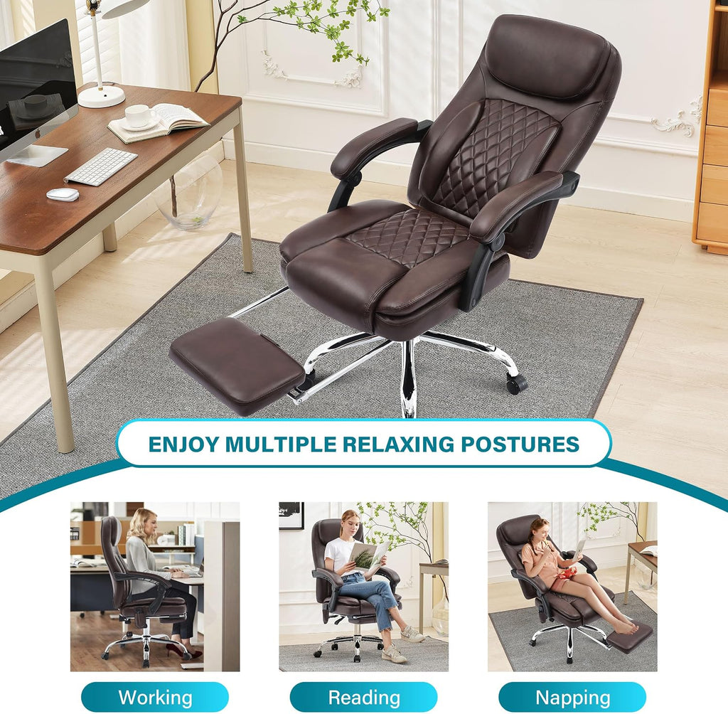 6-Point Massage Office Chair with Heated, Ergonomic Office Chair with Footrest & 45°Reclining High Back, Big and Tall Executive Office Chair 500LBS, Thick Cushion Desk Chair for Home Office, Brown(PU)