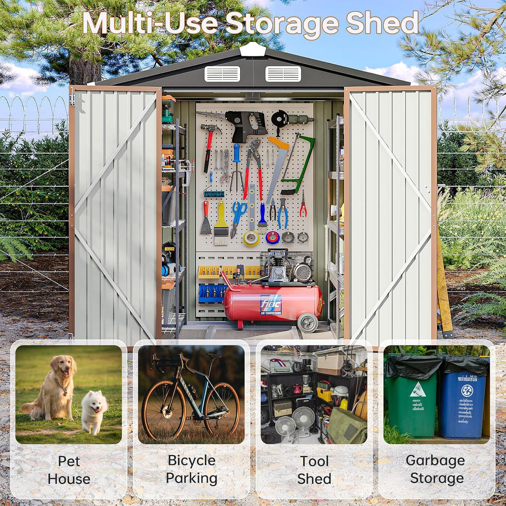 6x4FT Outdoor Storage Shed with Base, Metal Garden Tool Shed with Sloping Roof & Lockable Door for Patio Lawn Backyard (Dark/Base)