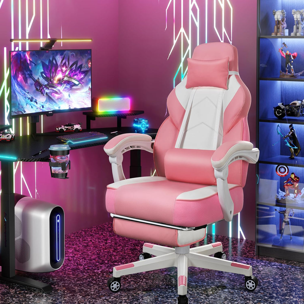 Big and Tall Gaming Chair for Adults, 330lbs Heavy Duty Computer Chair with Footrest & Massage Lumbar Support, Wide Seat High Back Reclining Desk Chair, 360° Swivel, Pink