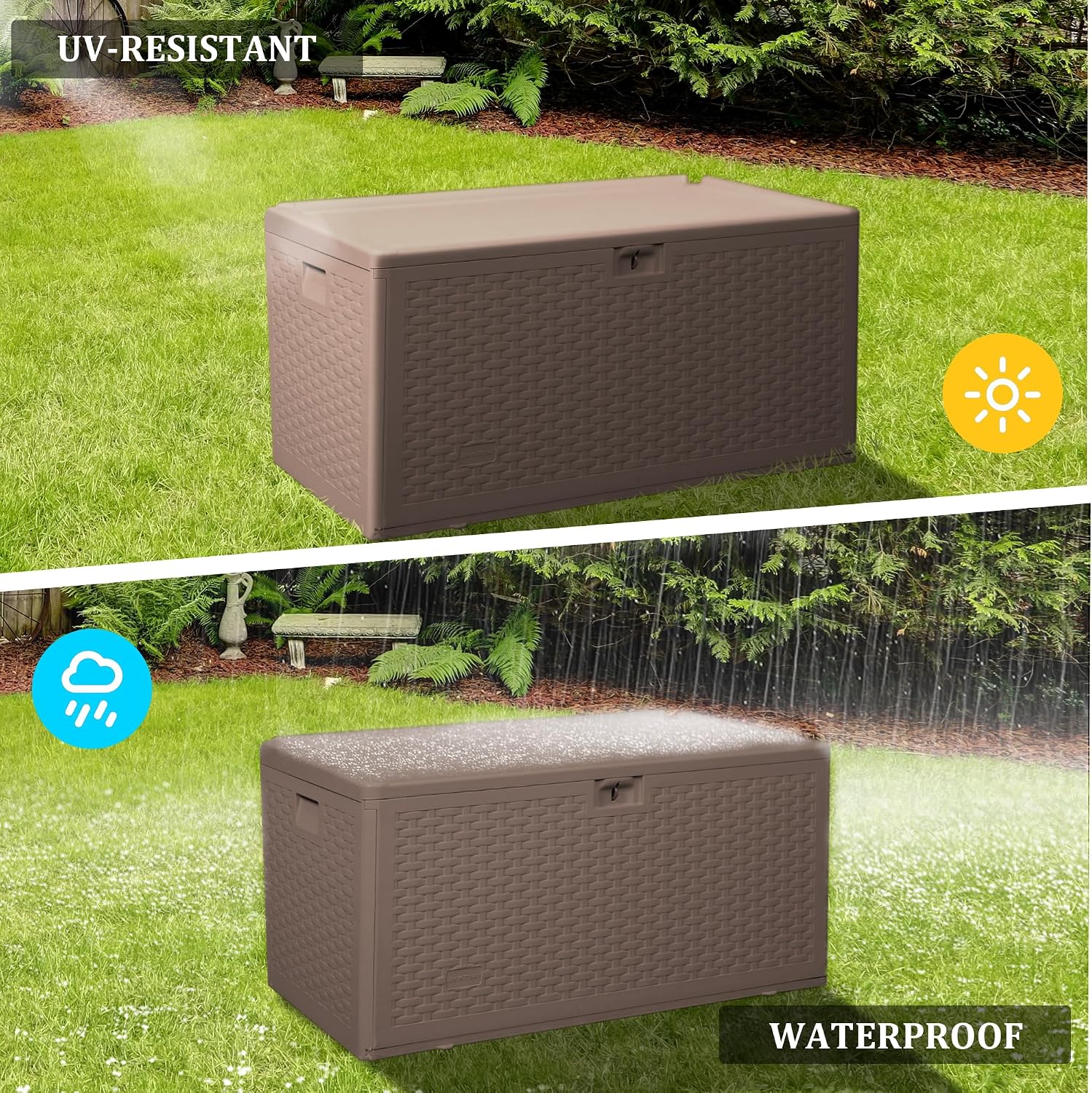 Outdoor Storage Box Waterproof, 73 Gallon Pro Lockable Resin Deck Box Large, Patio Storage Bin for Pool Accessories Cushion Furniture, Garden Tools, UV-Resistant Outside Delivery Brown