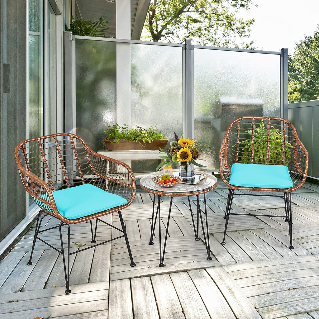 COSTWAY 3 Pieces Patio Bistro Set, Outdoor Rattan Conversation Seating Chair Set with Coffee Table & Soft Cushions, Indoor Wicker Furniture Set for Garden, Balcony, Porch, Pool, Turquoise