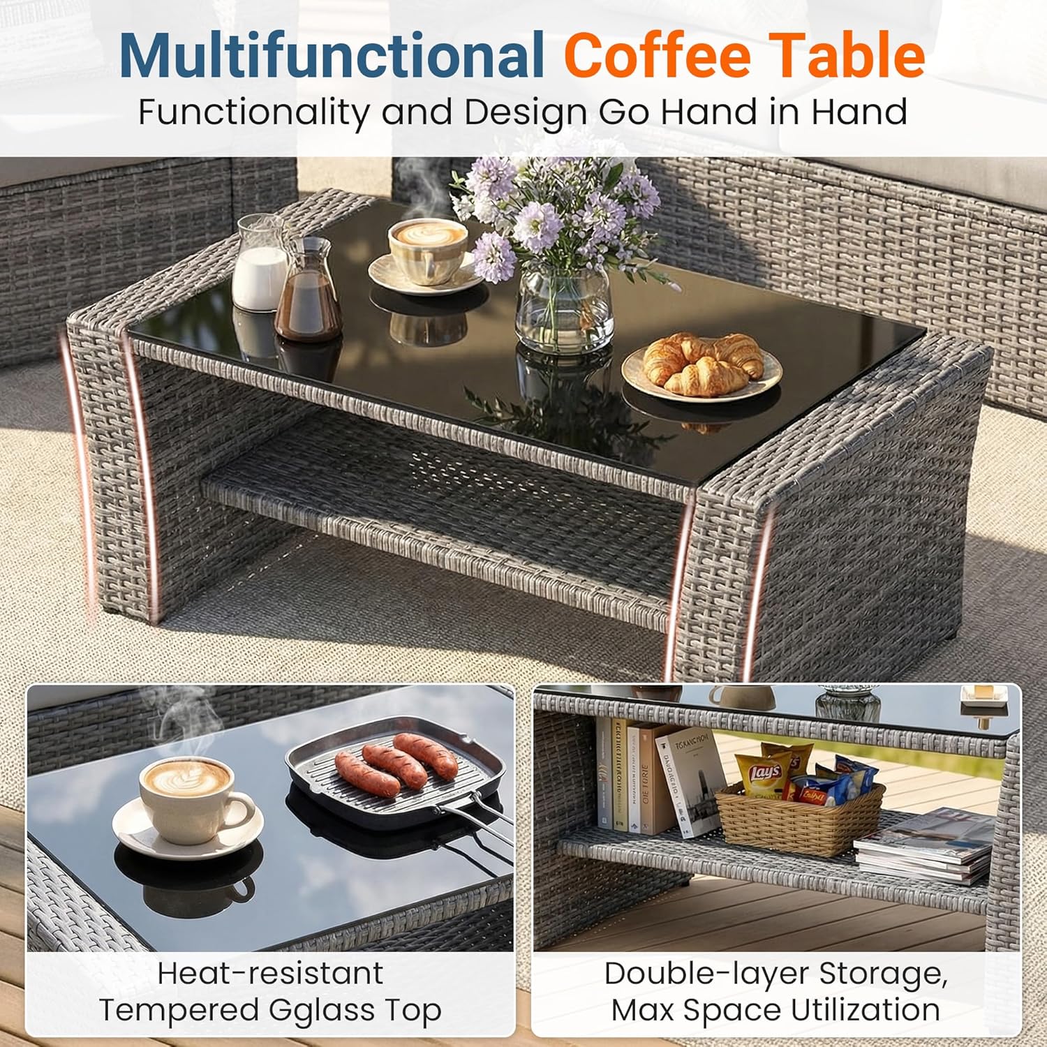 Wisteria Lane Patio Furniture Set, Wicker Outside Outdoor Furniture for All Weather, Patio Sofa with High Backrest Support and Wide Armrest for Backyard, Balcony, Deck, Porch, Navy Blue