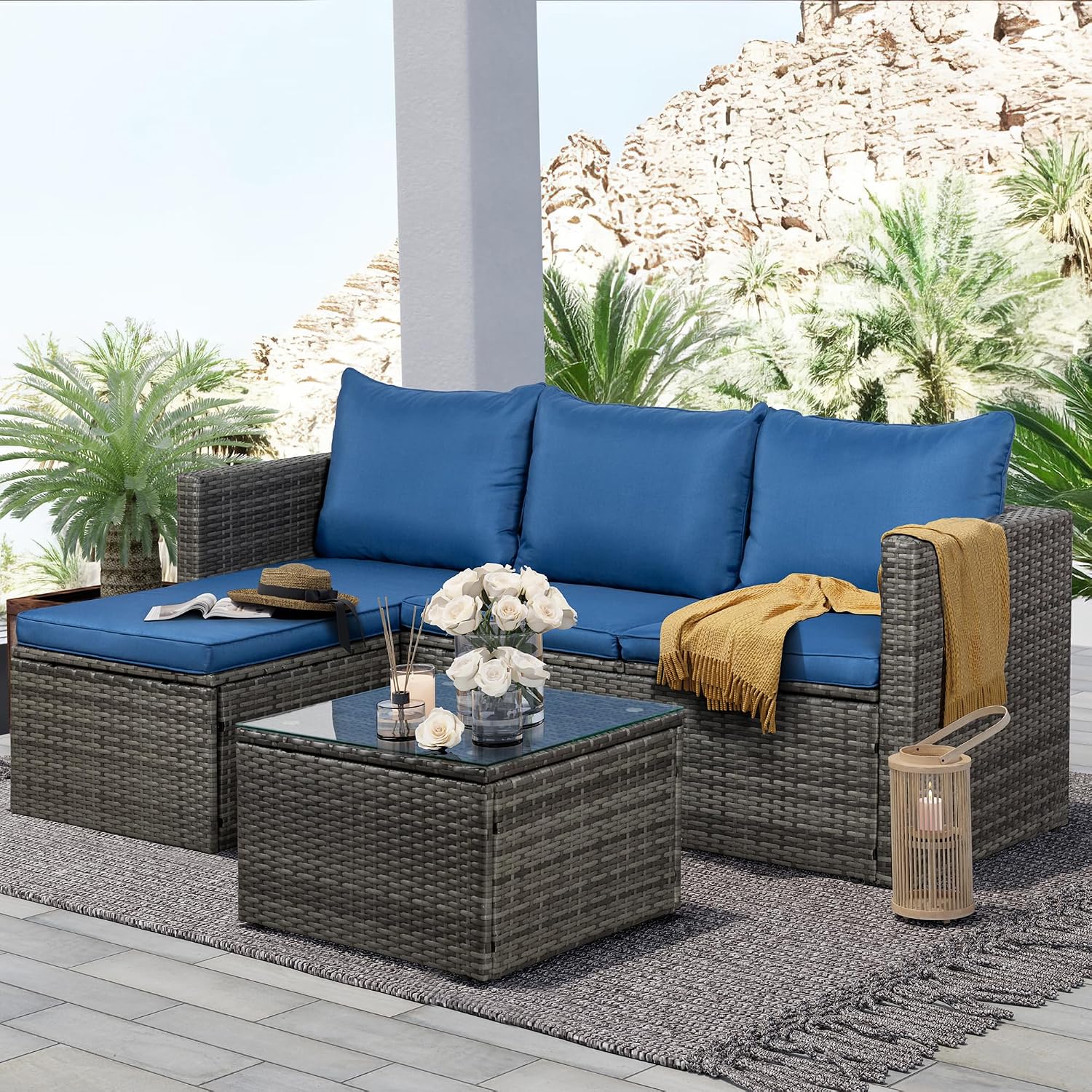 SUNLEI Small Outdoor Sofa Patio Furniture Set with Detachable Cushions, 3 PCS Patio Sectional Sofa with Coffee Table & 5 Position Adjustable,PE Rattan Patio Conversation Set, Silver Rattan/Royal Blue
